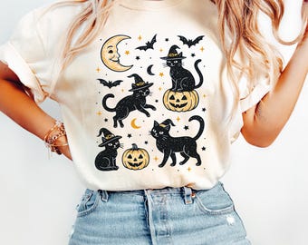 Black Cat Shirt, Halloween Cat Tee, Spooky Cat Shirt, Comfort Colors, Spooky Season Shirt, Cat Mom Gift, Pumpkins Black Cat Tee, Cute Kitty