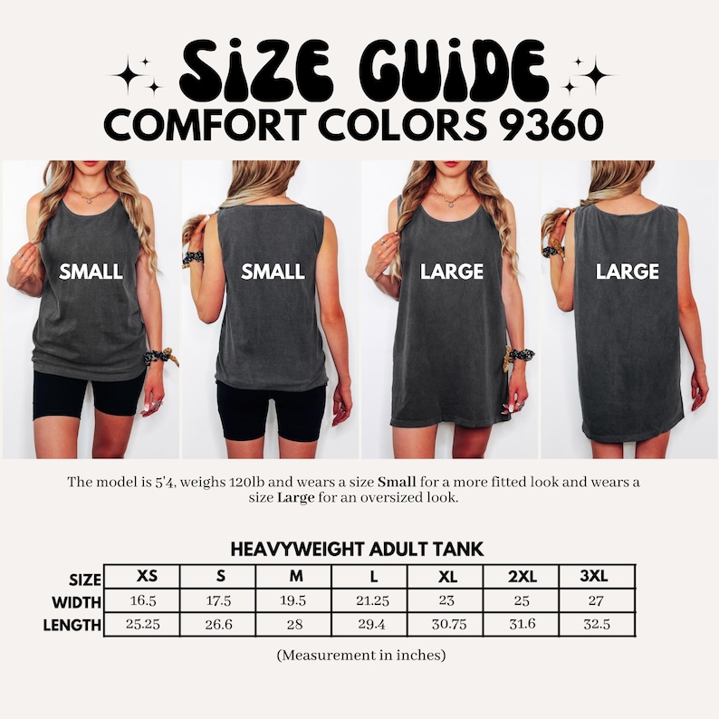 K&ouml;nnte beinhalten: Gr&ouml;&szlig;entabelle f&uuml;r Comfort Colors 9360 Heavyweight-Tanktops f&uuml;r Erwachsene. Das Bild zeigt Models in den Gr&ouml;&szlig;en Small und Large. Eine Gr&ouml;&szlig;entabelle liefert Ma&szlig;e in Zoll f&uuml;r die Gr&ouml;&szlig;en XS bis 3XL, mit Breiten von 41,9 bis 68,6 cm und L&auml;ngen von 64,1 bis 82,6 cm.