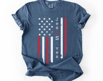 Jesus Saves USA Shirt, Christian 4th of July Tee, Comfort Colors Red White Blue Tee, JesUSAves T-Shirt, Faith Freedom Shirt, Patriotic Tee