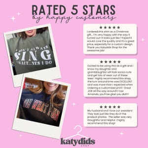 K&ouml;nnte beinhalten: Eine rosa Grafik mit Kundenbewertungen und F&uuml;nf-Sterne-Bewertungen. Zwei Fotos zeigen Personen, die Shirts mit den Texten "I DON'T ALWAYS SING WAIT...YES I DO" und "OH WHAT FUN" tragen. Das Logo des Shops, "katydids", befindet sich unten.