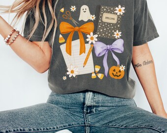Halloween Teacher Shirt Comfort Colors, Cute Bows Fall Teacher Tee, Ghost Pumpkin School Shirt, Spooky Teacher Outfit