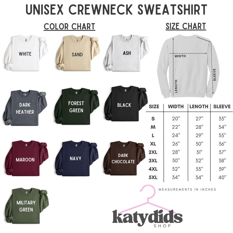 Puede incluir: Una tabla de colores y tallas para una sudadera unisex de cuello redondo. La imagen muestra once opciones de color, incluyendo blanco, arena, ceniza, gris oscuro, verde bosque, negro, granate, marino, chocolate oscuro y verde militar, con tabla en pulgadas.