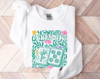 Mahjong Sweatshirthirt, Mahj Lover Tee, Matching Mahjong Group Shirt, Mahjong Floral Sweater, Mahjong Gift for Her, Spring Mahjong Shirt