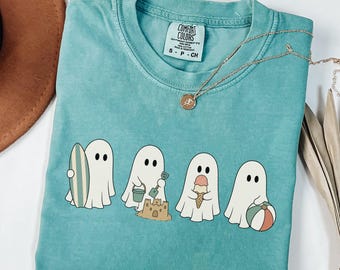 Camiseta Comfort Colors Spooky Summer Ghost, Camiseta Beach Ghost, Camiseta de Halloween de verano, Camiseta Coastal Ghost Graphic, Camiseta linda para vacaciones en la playa