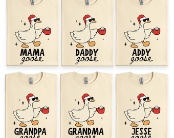 Pijamas navideños familiares a juego, camiseta de ganso navideño, pijamas familiares personalizados, camiseta navideña con nombre personalizado, camiseta de mamá ganso