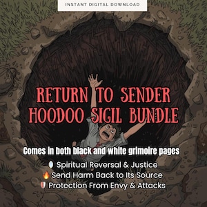 Könnte beinhalten: Digitaler Download-Grafik mit dem Text "RETURN TO SENDER HOODOO SIGIL BUNDLE". Das Bild zeigt eine Person, die in ein dunkles Loch fällt. Der Text enthält auch "Comes in both black and white grimoire pages" und listet spirituelle Dienstleistungen auf.