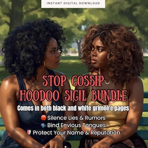May include: Digital art featuring two women with curly hair, facing each other. Text overlay reads "STOP GOSSIP HOODOO SIGIL BUNDLE" with additional text about grimoire pages and intentions. The image is a digital download.