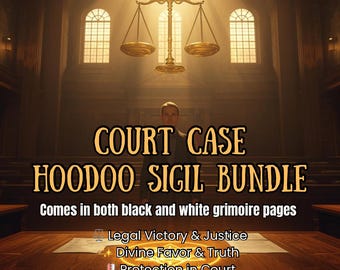 May include: Digital download graphic with the text "COURT CASE HOODOO SIGIL BUNDLE". The image features a courtroom setting with scales of justice and the phrases "Legal Victory & Justice", "Divine Favor & Truth", and "Protection in Court".