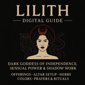 Peut inclure: Guide numérique intitulé "LILITH" avec une esthétique sombre. L'image présente une illustration d'une femme aux longs cheveux, un croissant de lune et un serpent. Le texte comprend "DARK GODDESS OF INDEPENDENCE, SENSUAL POWER & SHADOW WORK."