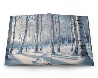 May include: An open book with a photograph of a snowy birch forest. The trees are covered in snow and the ground is covered in a thick layer of snow. The sun is shining through the trees, creating a warm glow.