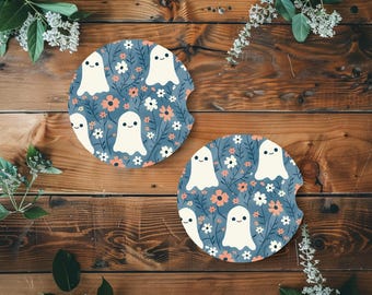 Ghost Halloween Car Coaster | Set of 2 | Absorbent Neoprene | Easy to Clean | Car Accessories