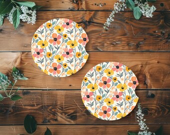 Pink Floral Car Coaster |Set of 2 | Absorbent Neoprene | Easy to Clean | Car Accessories