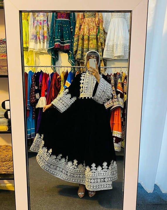 Handmade Afghan Charma Dozi Velvet Dress - Traditional Kuchi Embroidery - Cultural Attire for Weddings & Special Occasions