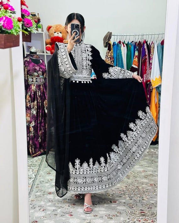 Handmade Afghan Charma Dozi Velvet Dress - Traditional Kuchi Embroidery - Cultural Attire for Weddings & Special Occasions