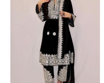 Handmade Afghan Charma Dozi Velvet Dress - Traditional Kuchi Embroidery - Cultural Attire for Weddings & Special Occasions