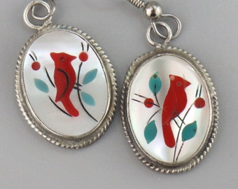 Vintage Native American Red Cardinal Coral Earrings, Navajo-made, Sterling Silver, Turquoise Earrings, Mother of Pearl, Bird Earrings,Animal