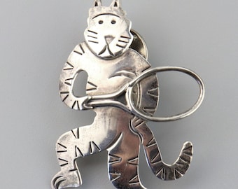 Vintage Mexico Cat Playing Tennis Sterling Silver Brooch, Mexican Silver Jewelry, Cat Pin, Kitty Brooch, Animal Lovers, Cat Lovers