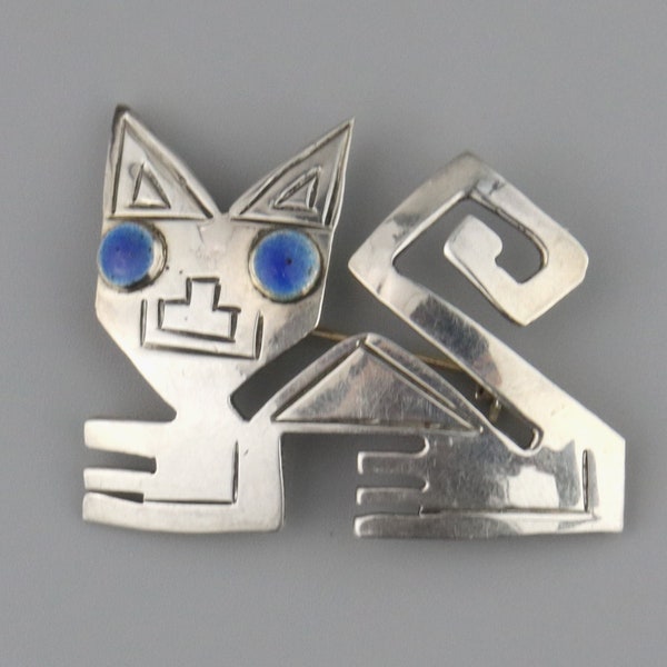 Vintage Cat Lapis Lazuli Brooch, Sterling Silver, Animal Pin, Peruvian, Vicky, Figurative, Animal Lovers, Laffi -esque, Aztec Geometric