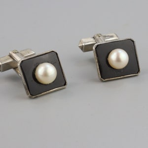 Gemelos de plata de ley con perlas naturales vintage, gemelos estilo Art Deco, ónix o esmalte, gemelos en blanco y negro