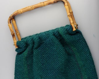 Vintage 1970s Wool Tote Handbag, Cane Handles, Green Wool, Purse, Mid Century, Mid Sized, Gem Coloured