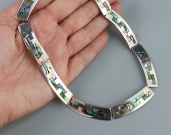 Vintage Mexico Abalone Sterling Silver Inlay Necklace, Mid Century Collar, Catalan