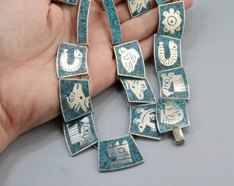 Conjunto de collar, pulsera y pendientes con turquesa en plata esterlina mexicana vintage