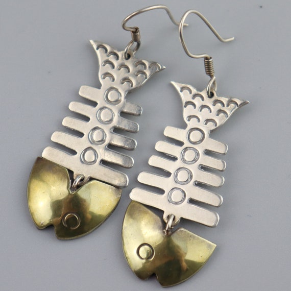 Vintage Mixed Metal Fish Bone Earrings, Laton, St… - image 1