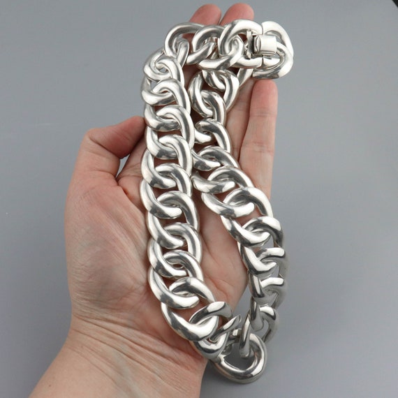 Vintage Huge Mexican Silver Chain Link Necklace, … - image 5