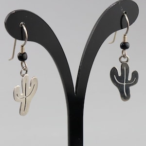 Vintage Little Cactus Southwest Sterling Silver Dangle Earrings with Onyx Bead