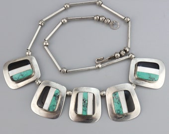 Vintage sterlingzilveren ketting ingelegd: turkoois, onyx en dweil, Indiaanse sieraden