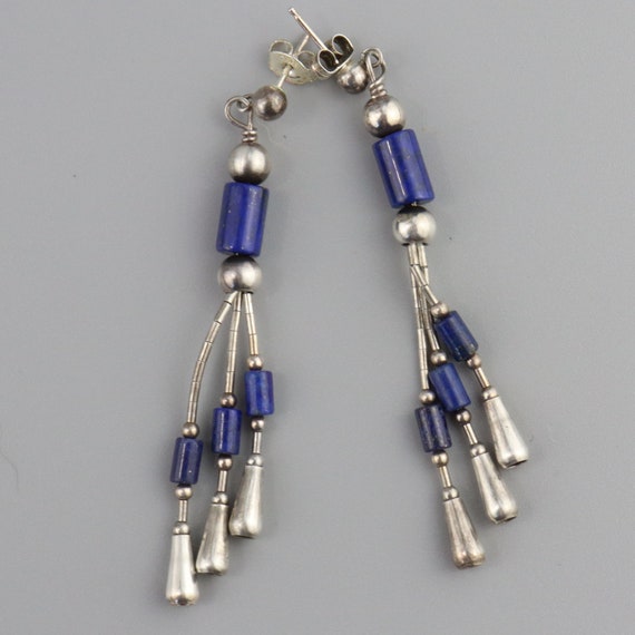 Long Beaded Lapis Earrings, Sterling Silver, Blue… - image 1