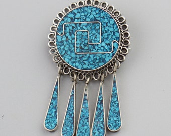 Vintage Mexican Crushed Turquoise Dangle Pin Pendant Brooch, Handmade in Taxco,  Mexico Sterling Silver