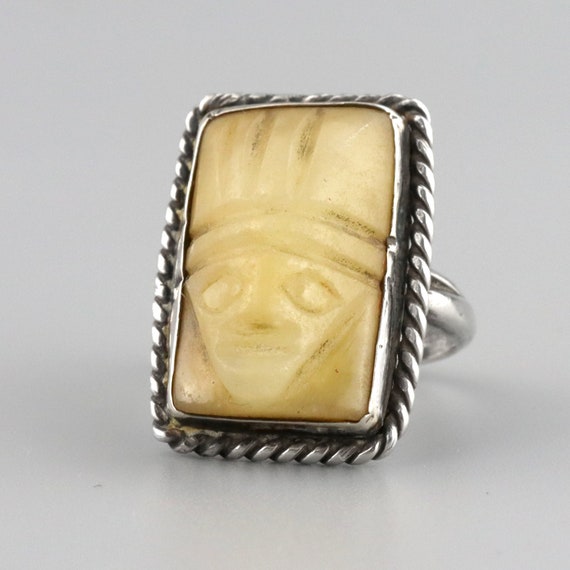 Vintage 1940s Mexican Mayan Mask Ring, Sterling S… - image 1