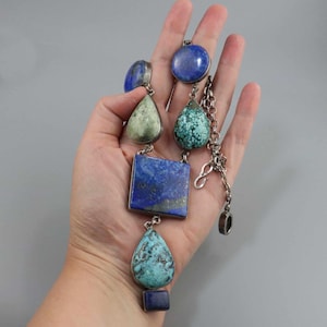 Vintage Türkis Lapis Sterling Silber Halskette: Riesiges Edelstein Statement Piece
