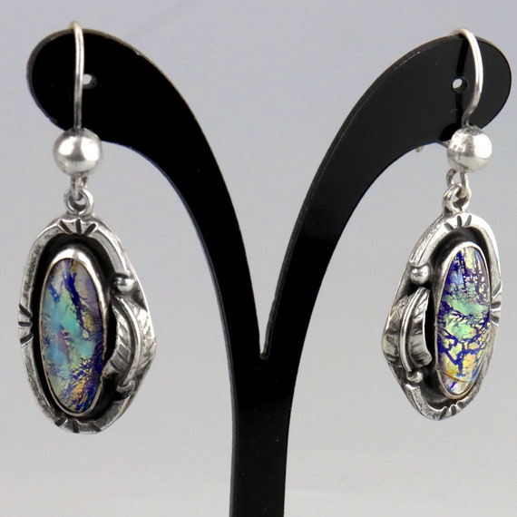 Vintage Mexican Glass Foil Opal Dangle Sterling S… - image 5