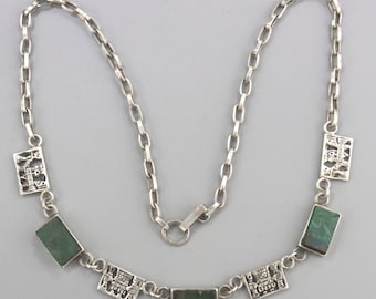 Vintage Peru Turquoise Malachite Necklace, Carved Sterling Silver, Ornate Pendant, Rope Chain, Peruvian Jewellery