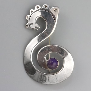 vintage BIG Taxco améthyste + broche ou pendentif mexicain en argent sterling, épingle de la mythologie du Mexique,