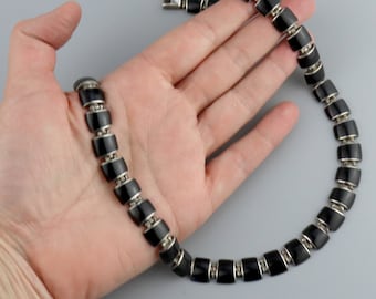 Vintage Taxco Onyx Sterling Silver Necklace: Mexican Cleopatra Collar