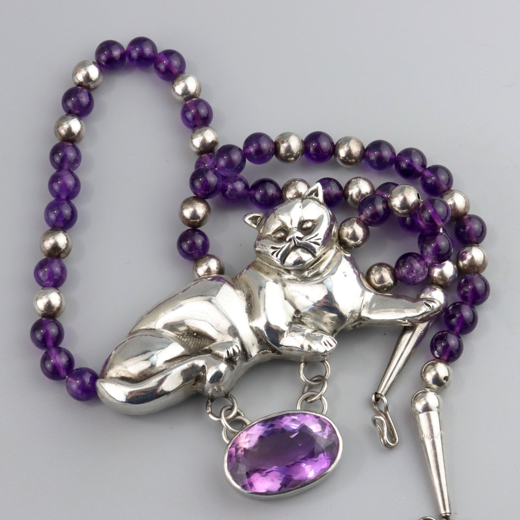 Vintage Carol Felley Sterling Silver Cat Necklace: Amethyst Artisan Pendant, 1989