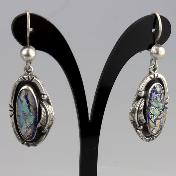Vintage Mexican Glass Foil Opal Dangle Sterling S… - image 3