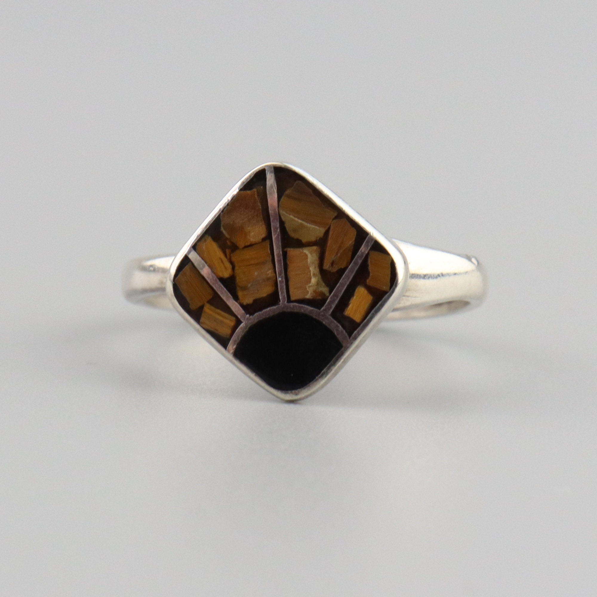 Sun Rays Inlay Vintage Tigers Eye and Onyx Mosaic Inlay Rins, Sterling Silver ...