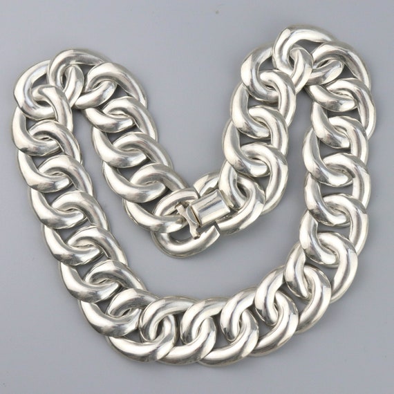 Vintage Huge Mexican Silver Chain Link Necklace, … - image 1