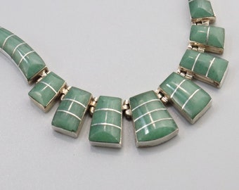 Vintage Mexico Jade Striped Necklace, 950 Sterling Silver Necklace, Taxco Necklace, Jade Jewellery, Mexican Jewellery, Green Gemstone