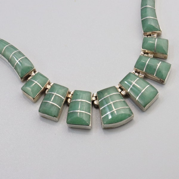 Vintage Mexico Jade Striped Necklace, 950 Sterling Silver Necklace, Taxco Necklace, Jade Jewellery, Mexican Jewellery, Green Gemstone