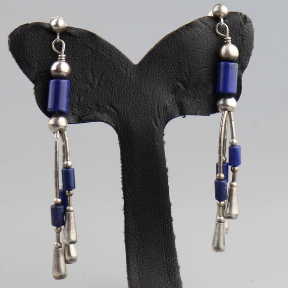 Long Beaded Lapis Earrings, Sterling Silver, Blue… - image 3