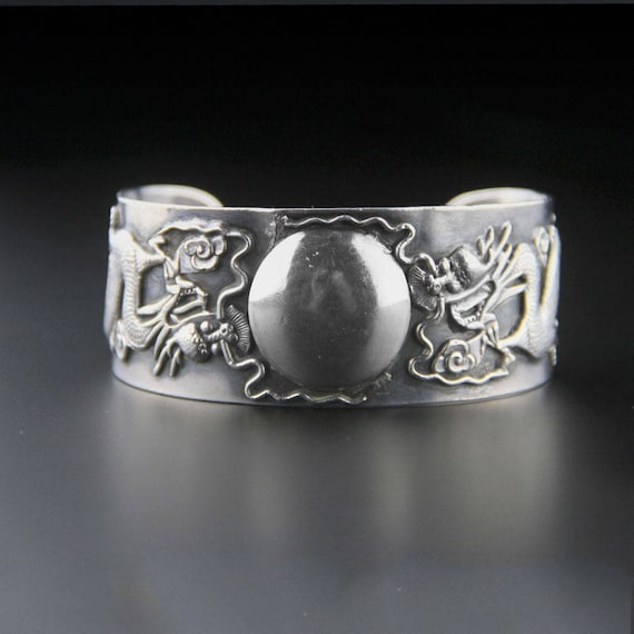 Sterling Silver Dragon Cuff, Chinese Export, Sterl