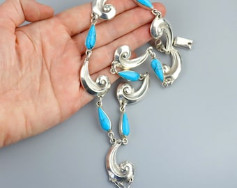 Vintage Taxco Turquoise Necklace: 950 Sterling Silver Mexican Art Nouveau