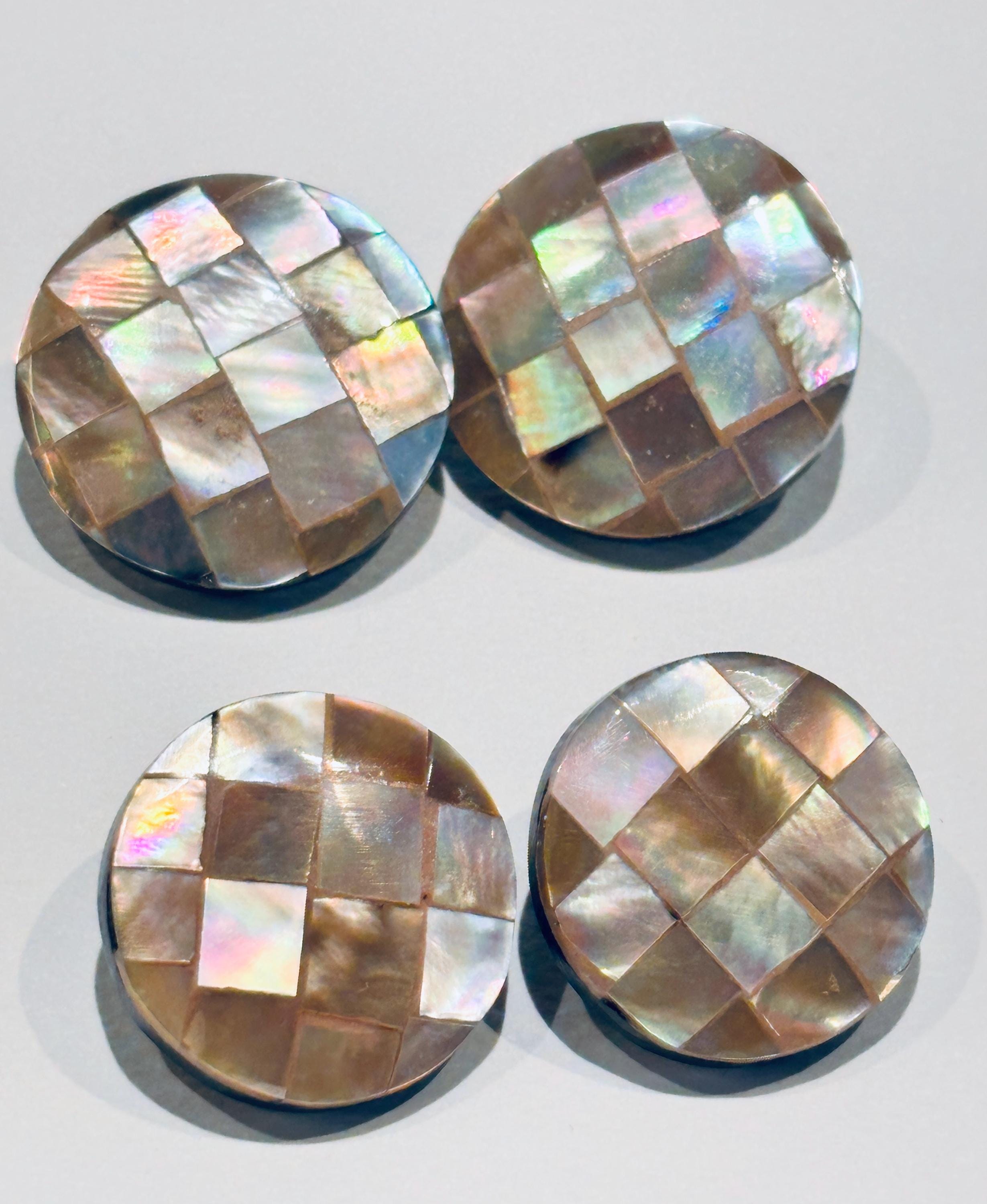 Vintage abalone/mother of pearl round mosaic buttons with shank for sewing, bags, jewelry making, crafts.