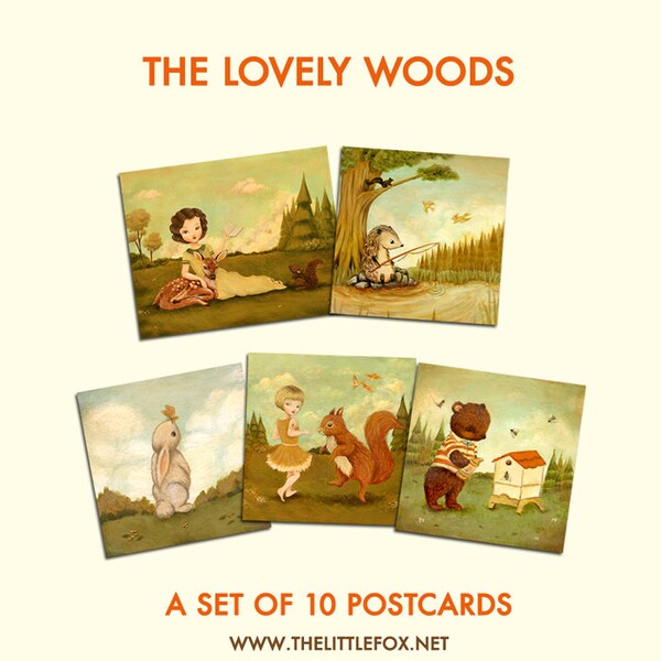 LAST ONE - Set of 10 Postcards, Card Set, Forest, Woods, Woodland, Girl, Book, Squirrel, Hedgehog, Deer, Bear, Bunny - The Lovely Woods