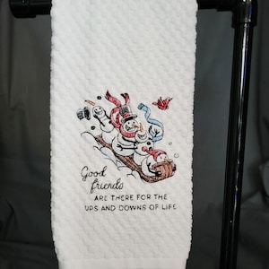 Embroidered Snowmen Sledding Friends kitchen towel